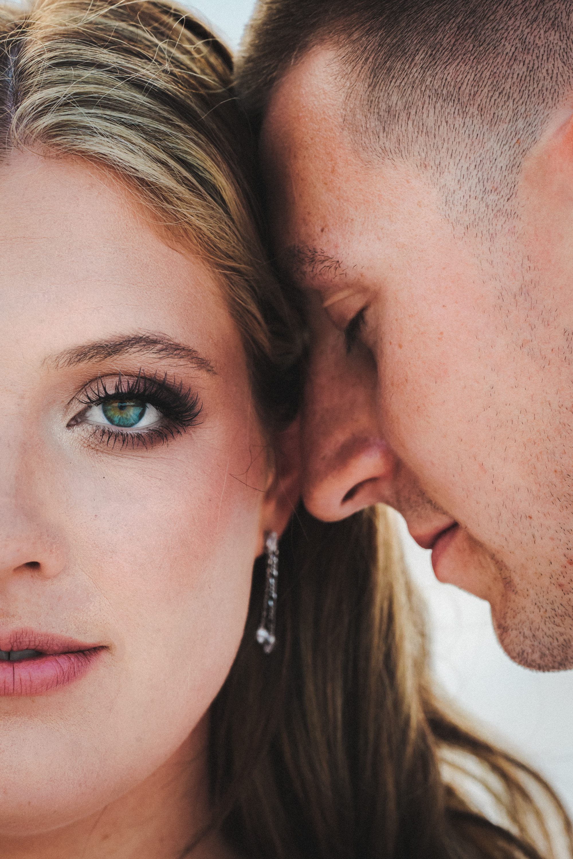 Close-up of a couple leaning their faces together.